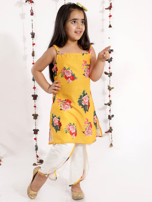 Girl's' Floral Printed Cotton Silk Kurta And Tulip Pants